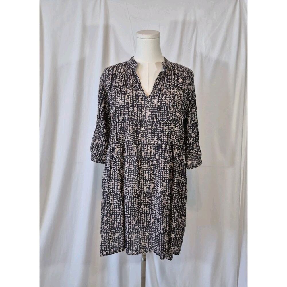 Dolma Block Print Black Beige Cotton Blend Tunic Dress Medium New